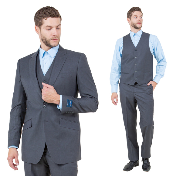 Modern Fit 3pc Wool Mens Suit Set by ZeGarie, Dark Grey - Picture 1 of 6
